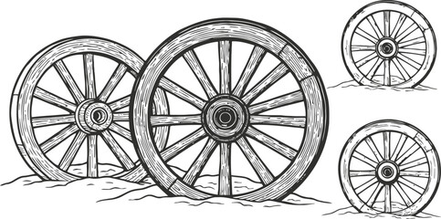 Fototapeta premium vintage wooden wagon wheels illustration with detailed spokes and rim design in rustic