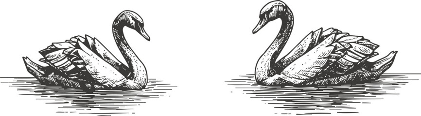 Obraz premium elegant black swans swimming on calm water vintage hand drawn wildlife illustration of graceful birds in nature