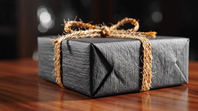 Elegant Black Gift Box with Twine Bow on Polished Wood Surface Soft Bokeh Background