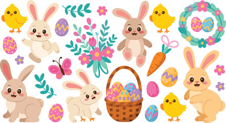 Fototapeta premium Horizontal border design featuring four happy cartoon bunnies, a baby chick, colorful patterned eggs, and a wicker basket for spring celebrations.