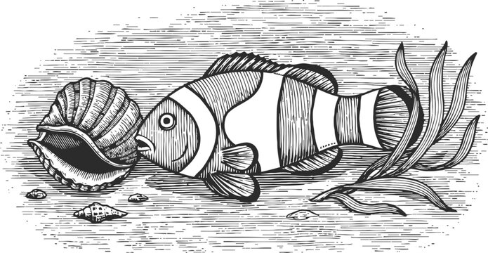 Clownfish underwater with seashells and seaweed, ocean wildlife detailed black and white engraved illustration