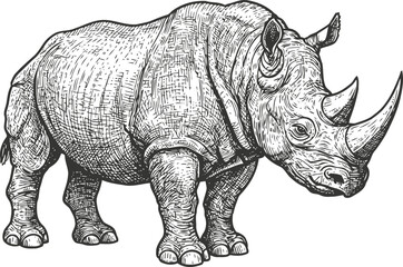 Obraz premium Detailed black and white illustration of a rhinoceros standing in profile with textured skin and prominent horns