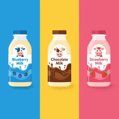 Bottles of Flavored Milk on Colorful Background.