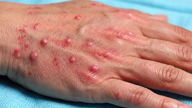 A detailed macro shot of a skin rash on a hand, showing red spots and inflammation. This footage is ideal for medical, dermatological, or educational content about skin conditions and health issues.