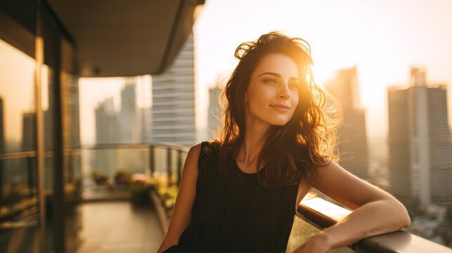 43.Confident wealthy woman relaxing on modern apartment balcony, city skyscrapers glowing during sunset, calm and reflective mood, luxury urban living concept, shallow depth of field, high resolution