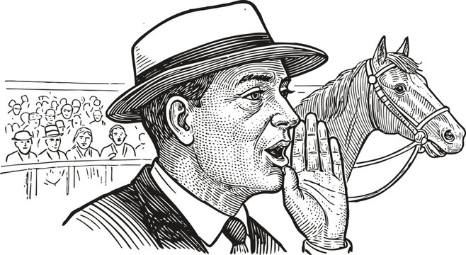 Vintage horse race announcer shouting at the racecourse with spectators and horse in the background