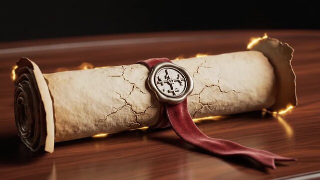 A parchment scroll lies on a wood surface, sealed with a crest in silver, bound by red ribbon, with fire