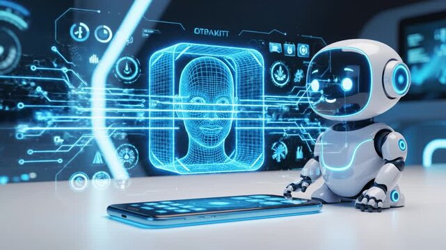 Futuristic robot artificial intelligence face recognition digital security biometric data hologram smartphone cyber interface technology blue light friendly tiny humanoid child robot toy glowing blue
