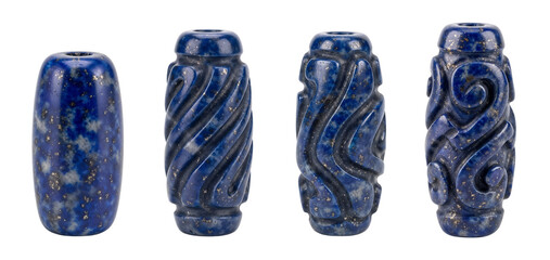 Set of lapis lazuli polished beads with fluid  carved designs, isolated on transparent background