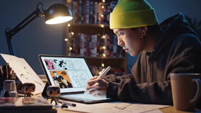 A person with a yellow hat draws on a tablet with a stylus, lit by a desk lamp