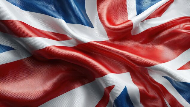 Wavy, detailed close-up of the Union Jack flag, highlighting its fabric texture and colors