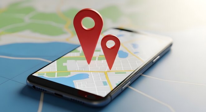 Geolocation pointers on smartphone displaying map and navigation app, representing location tracking and digital mapping service for travel planning