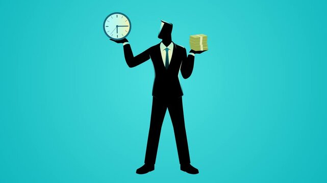 Looping motion graphic illustration of a businessman silhouette balancing a clock and a stack of money, symbolizing time management, productivity, financial decisions, and work life balance.