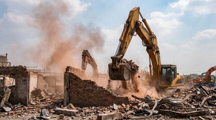 Excavator bucket lifting bricks in demolition process concept. Heavy machinery demolishing a building, creating dust and debris.