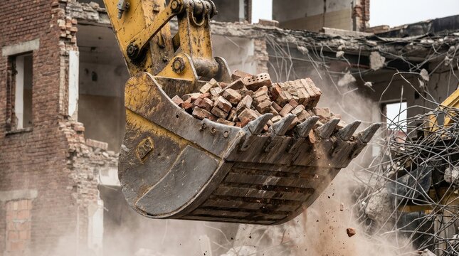 Excavator bucket lifting bricks in demolition process concept. Heavy machinery demolishing a building, dust and debris flying.