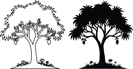 Fototapeta premium Mango tree vector illustration with fruits and leaves in outline and silhouette style, isolated on white background.