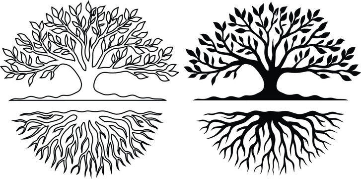 Hand drawn tree of life with roots silhouette and outline vector illustration set