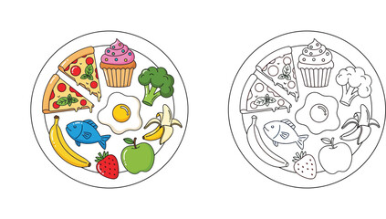 Fototapeta premium Cute cartoon food plate with pizza, fruit, and vegetables, colored and outline coloring page version for kids education and activity vector illustration