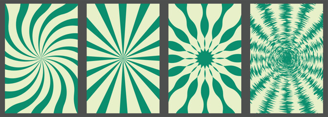Set of four abstract geometric patterns with radial symmetry vintage sunburst and psychedelic designs in teal and cream perfect for backgrounds EPS Vector