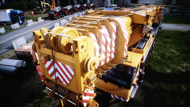 Mobile construction crane. Construction of a large industrial building or factory, building exterior. 3d rendering.