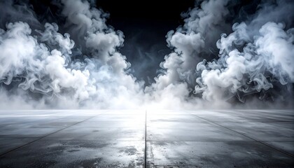 A misty scene with dense smoke swirling around a dark expanse, creating a mysterious atmosphere