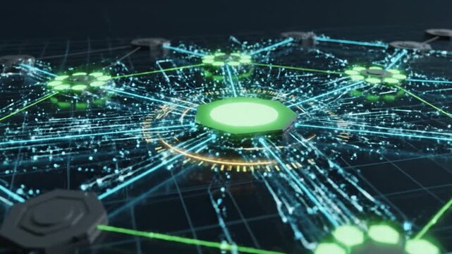Futuristic network connection digital data flow cyber technology background glowing circuit pattern neon grid communication system security blockchain concept innovation information node hub