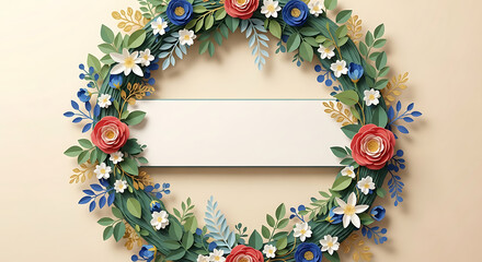 A beautiful handcrafted paper wreath featuring colorful flowers and leaves on a plain background with a blank sign.