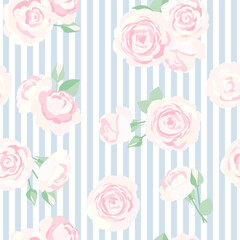 水色のストライプ地にピンクのバラのレトロなシームレスパターン