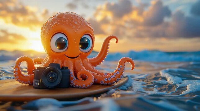 A cartoon octopus is sitting on a surfboard in the sea waves at sunset. Summer vacation, traveling.	