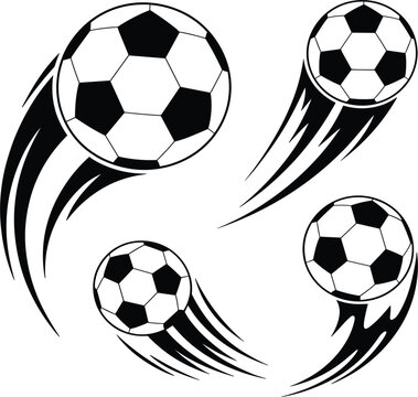 Soccer ball flying motion icon set, football fast speed trail silhouette, athletic game sport vector illustration