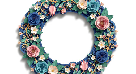 A decorative paper craft wreath featuring blue, pink, and teal flowers on a white background