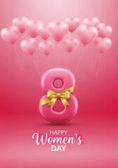 Happy Women's Day, March 8th greeting card with pink heart balloons and glossy number eight with golden bow on a gradient background.