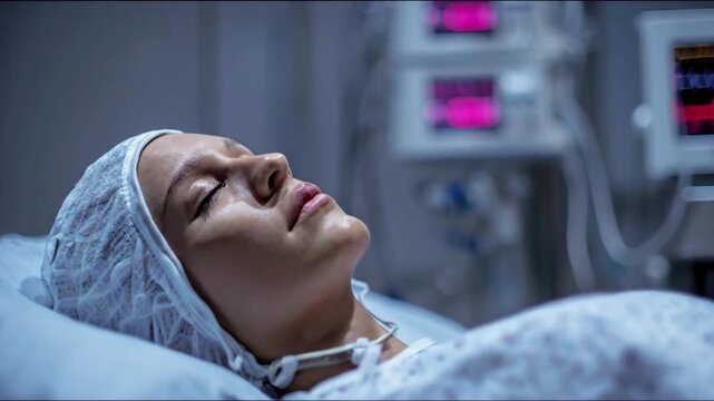 Unconscious patient in hospital bed with medical emergency care in intensive care unit, serious illness health crisis with surgery recovery, oxygen tube, monitoring equipment and healthcare support