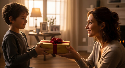 A young boy presents a carefully wrapped gift to his smiling mother in a warmly lit living room.