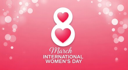 International Women's Day, March 8t,h with pink hearts and bokeh lights on a gradient background, greeting card design.
