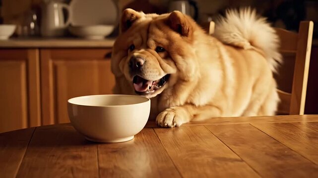Chow-chow dog sitting at table with bowl in kitchen interior