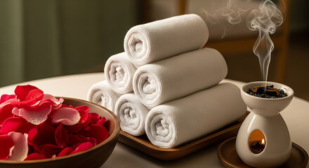 A relaxing spa setup featuring stacked white towels, red rose petals, and a smoking aromatherapy diffuser.
