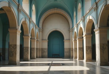 Fototapeta premium Serene Arched Hallway with Soft Natural Light in Historic Building Interior