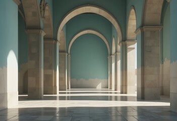 Fototapeta premium Ancient stone archway with turquoise ocean view through window in historic building interior minimalist serene