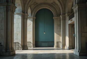 Obraz premium Majestic Arched Hallway with Columns and Soft Natural Light in Historic Building Interior