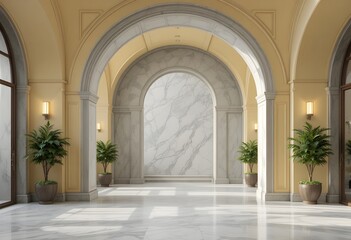 Fototapeta premium Luxurious Archway with Marble and Potted Plants in Elegant Interior