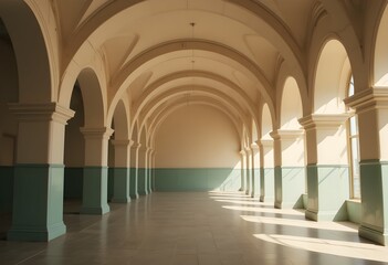 Obraz premium Empty arched corridor with green accents minimalist architecture sunlight shadows interior design perspective space