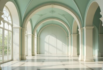 Obraz premium Elegant arched corridor with green columns and natural light in historic architectural interior space
