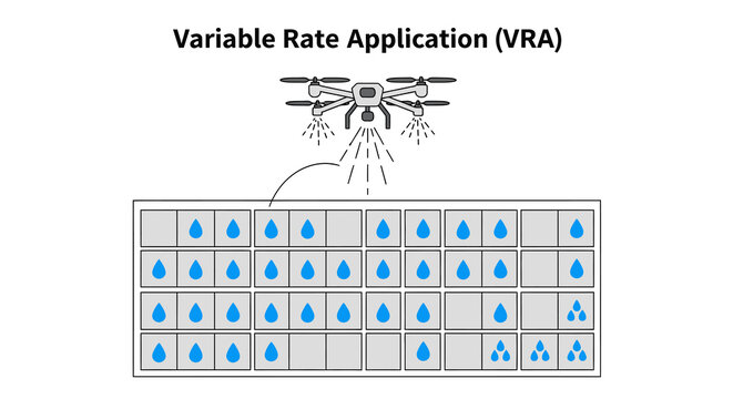Variable Rate Application (VRA) concept vector diagram. Smart farming technology using an agricultural drone for precise and tailored resource spraying in modern precision agriculture.