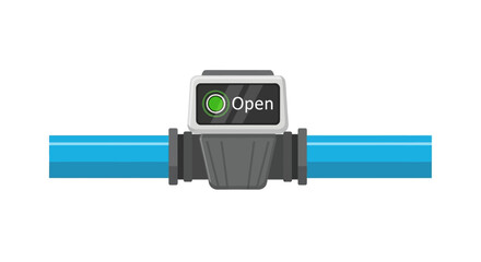 Smart Valve Open Status Icon on Blue Pipe Showing Active Fluid Flow Control and Industrial Automation Technology