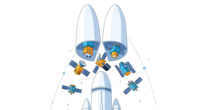 Satellite Deployment in Space from Rocket Fairing. Vector Illustration of Small Satellites Being Released into Orbit by Launch Vehicle Technology.