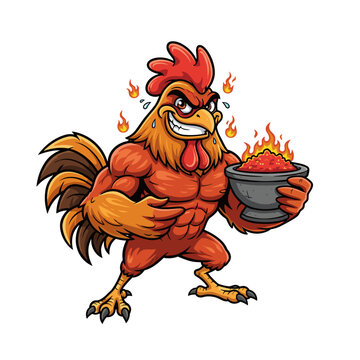 Vigorously muscular cartoon rooster, clenching a bowl of blazing hot chili, portrays extreme spice and power with an intense, sweat-dripping expression