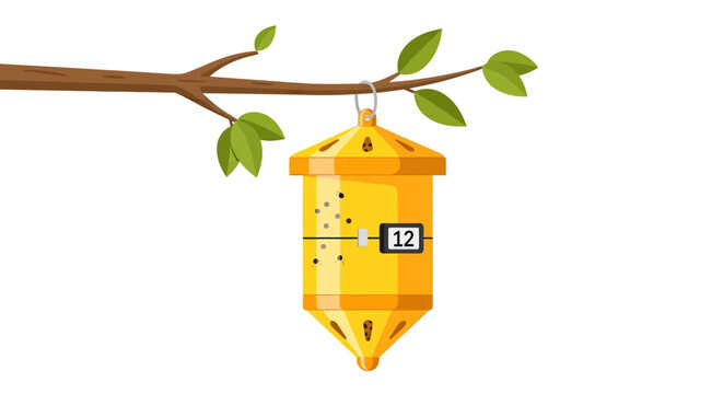 Yellow Pheromone Insect Trap Hanging on Tree Branch. Scientific Pest Monitoring Device and Insect Counting System for Agriculture and Ecology.