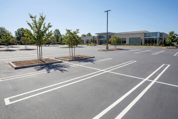 Empty commercial parking lot with painted white space markings, landscaped tree islands and modern office building under clear blue sky in suburban business district