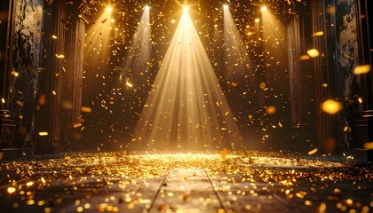 Obraz premium An enchanting space filled with golden particles illuminated by striking beams of light